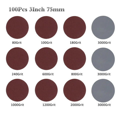 Super Smooth Sandpaper Kit With 100 Ultra Versatile Grit Sanding Discs And Backers for 80 to 3000 grit sizes displayed in 3-inch circles.