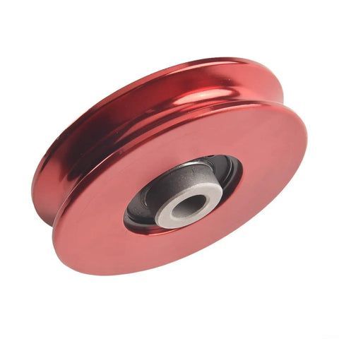 Smooth Action CNC Machined Aluminum Cable Pulley Wheel 75-114mm Red for Home Gym Fitness Gear with 6202RS Bearing, Abrasion-Resistant Roller for Cable Lifts and Strength Machines, red pulley close-up