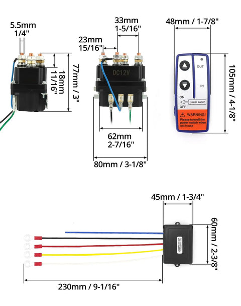 Heavy Duty 12V Wireless Winch Kit with 250A Solenoid Relay Contactor, remote, and wires dimensions.