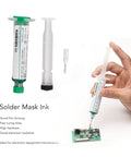 2 Pack Solder Mask Ink PCB Curing Kit For Computer And Mobile Repair shown with syringe, nozzle, push rod, and circuit board