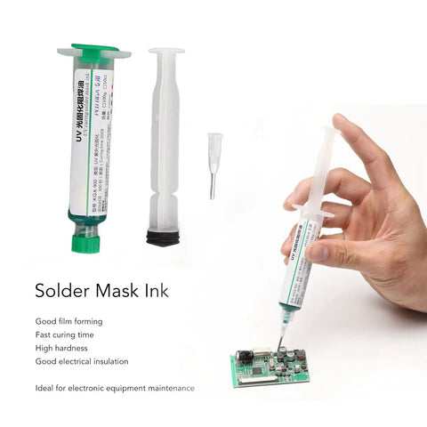 2 Pack Solder Mask Ink PCB Curing Kit For Computer And Mobile Repair shown with syringe, nozzle, push rod, and circuit board