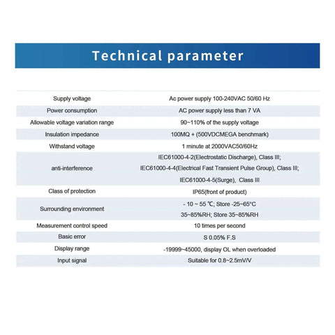 Technical parameters chart for Pro Grade High Precision Load Cell With Indicator For Tension And Compression Weight Sensing On Scales