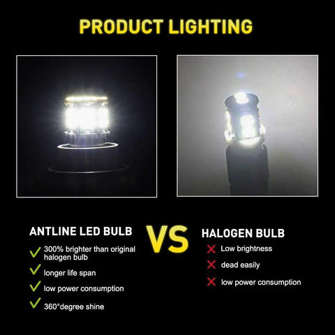 Comparison of Bright 12V White LED Bulbs Kit With 50 SMDs For 1156 1141 1003 and halogen bulb performance and brightness