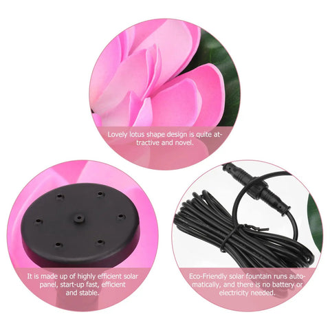 Close-up of Solar Powered Floating Lotus Fountain parts, with pink lotus petals, solar panel base, and cord for fish tanks and gardens.