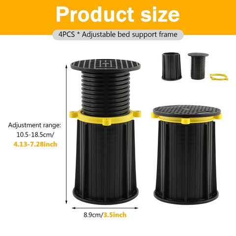 Heavy Duty Adjustable Bed Support Legs Four Pack No Fuss Height Stabilizers for Mattress Frame with adjustable height options.