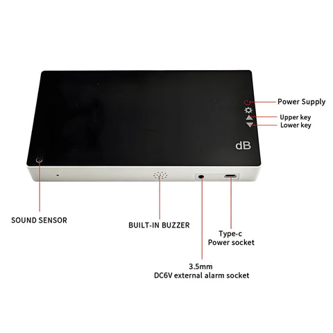 Wall Mounted Sound Level Meter 30 To 130 dB With Alarm Digital Decibel Meter 1.5 dB Accuracy A Weighting For Factory Office And Home Noise Monitoring Type C USB Powered Or Battery Powered Easy Install And Real Time Monitoring with Type-C port, buzzer, and sound sensor