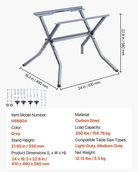Heavy Duty Table Saw Stand With 350 Pound Load Capacity showing adjustable carbon steel frame, dimensions 24 x 19.3 x 22.8 inches.