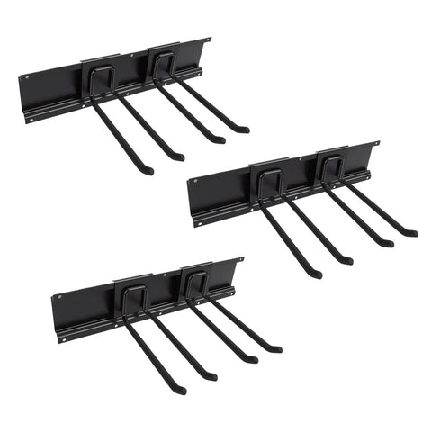 Heavy Duty Wall Mounted Garage Tool Organizer Rack With Adjustable Hooks And Tough Steel Frame, featuring three sturdy hooks.