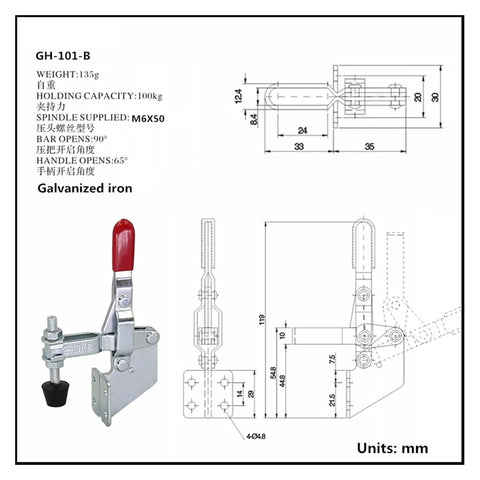 Pro Grade Heavy Duty Quick Fixture Clamp Set With Quick Release Vertical Toggle Clamp dimensions and design GH-101-B