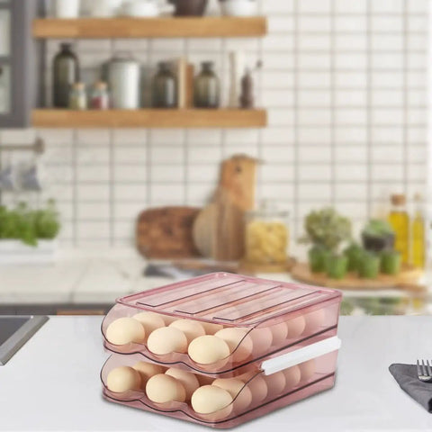 Clear Pink Egg Storage Bin For Fridge With Lid 2 Layer Stackable Egg Organizer 36 Count Dispenser Auto Rolling Egg Holder.
