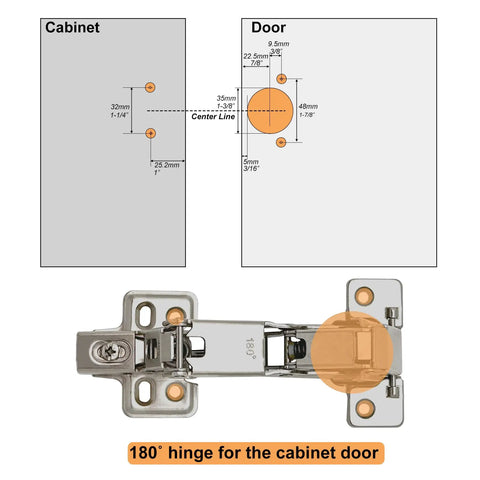 No Drama Heavy Duty Soft Close 180 Degree Concealed Adjustable Cabinet Hinges 2 Pack Full Overlay Nickel Plated Steel with dimensions
