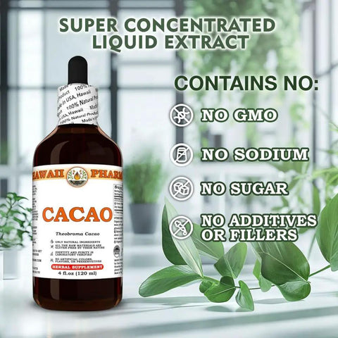 Hawaiian Raw Cacao Bean Tincture Liquid Extract Made In Hawaii All Natural Vegan Antioxidant Rich Superfood Pure Theobroma Cacao Based Extract 32 Fl Oz bottle with plant leaves and product benefits.