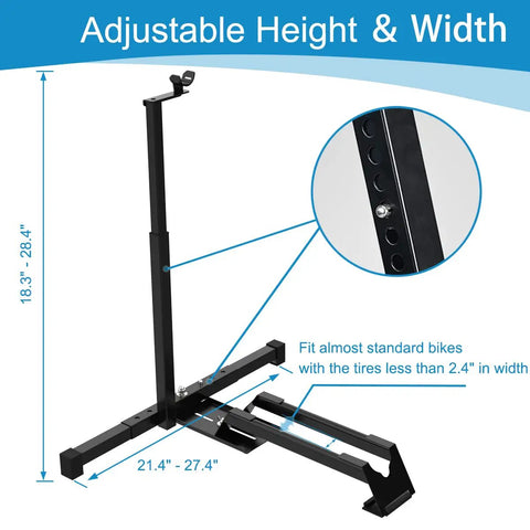Vertical Bike Stand Floor Bicycle Rack With Adjustable Upright Design For Space Saving Home Storage diagram showing dimensions