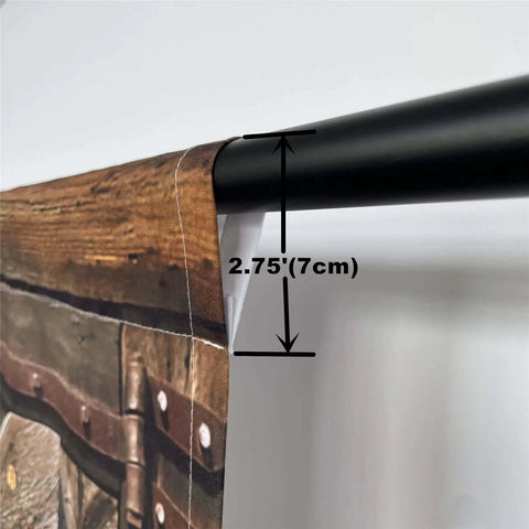 Close-up of Rustic Barn Door Curtains 52 X 84 Inch Rod Pocket Two Panels Farmhouse Western Country Wood Print on curtain rod