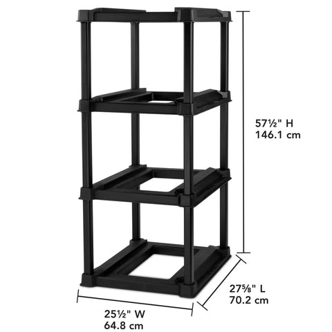 Four Tier Vertical Tote Storage Rack For Garage Organization Holds Four 27 Gallon Bins Heavy Duty Plastic Organizer No Stacking