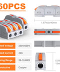 60 Piece Wire Connector Kit For 28-12 AWG Wire Inline Lever Push In Quick Connectors product specifications diagram.