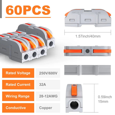 60 Piece Wire Connector Kit For 28-12 AWG Wire Inline Lever Push In Quick Connectors product specifications diagram.