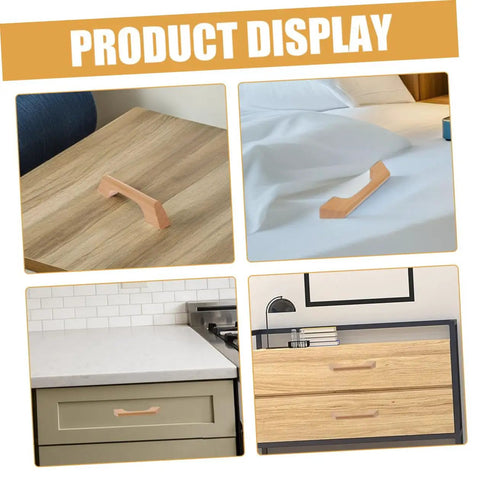 Solid Wood Cabinet Pull Handles Set With Screws displayed on furniture in four different settings highlighting versatility.