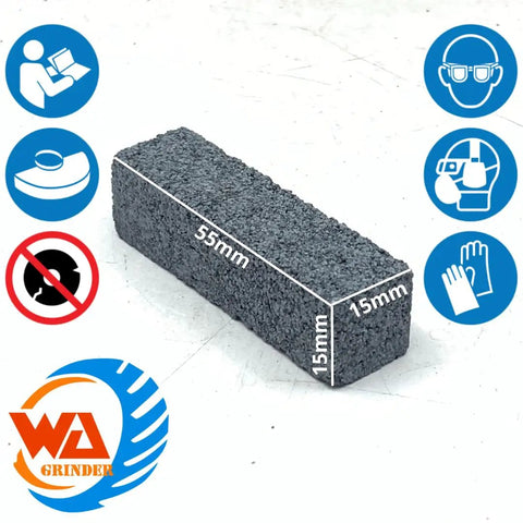 Three Piece Pro Grade Grinding Wheel Dressing Tool Set With Abrasive Sticks For Bench Grinder Wheel Dressing, Sharpening, Restoring And Reshaping, Silicon Carbide Material For Metal Masonry Stone Surfaces, showing a 55x15x15 mm silicon carbide stick with safety icons.