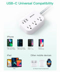 Flat Plug Power Strip With 3 Outlets And 3 USB Ports Including 20W USB C Power Delivery 5Ft Braided Extension Cord shown with devices.