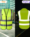 Heavy-Duty Hi-Vis Safety Vest With Pockets And Zipper, Custom Reflective Workwear For Tradesmen And Job Sites shown in daylight and nighttime.