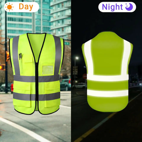 Heavy-Duty Hi-Vis Safety Vest With Pockets And Zipper, Custom Reflective Workwear For Tradesmen And Job Sites shown in daylight and nighttime.