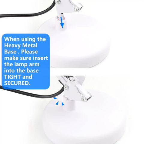 Heavy metal base of a Metal Desk Lamp With Swing Arm And Clamp On Base Two In One Desk Or Clip On Light showing assembly instructions.