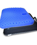 Ultra Comfy Gel Seat Cushion 1.8 Inch Thick for All Day Seating Orthopedic Pressure Relief Pad, blue gel with black cover, side view