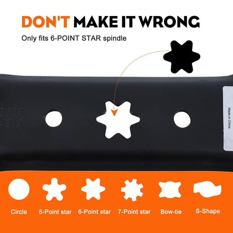 Diagram showing 6-point star blade hole with warning 'Only fits 6-POINT STAR spindle' on 3 Pack High Lift Mower Blades 6 Point Star Set