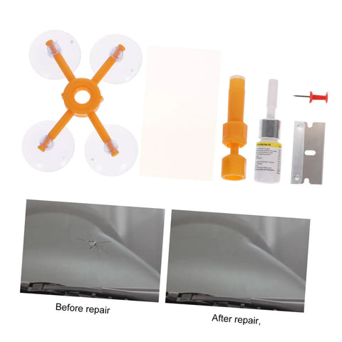 Quick Fix Windshield Crack Repair Kit For Cars with components and before-after repair images