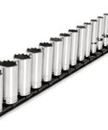 Deep Twelve Point Three Eighths Inch Drive Socket Set With Rail, Fifteen Piece, Inch Sizes From One Quarter To One shown on rail