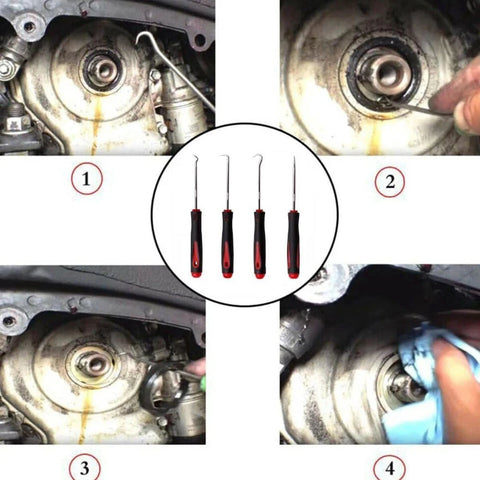 Four 6.5-inch automotive hook and pick tools with comfort grips and anti-slip shafts; collage shows front, side, close-up, and installed views.