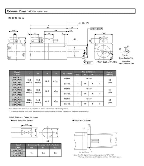 CHUNYE SGMAV servo motor A5ADA21, 50W; front and side views with external dimensions (mm)