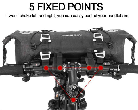 Built To Last Bikepacking Handlebar Bag 7 To 14 Liter Waterproof Dry Pack mounted with 5 fixed points on bike