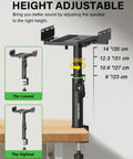 Set Of 2 Dual Side Clamping Studio Monitor Stands For Desktop, showing height range from 9 to 14 inches, on desk