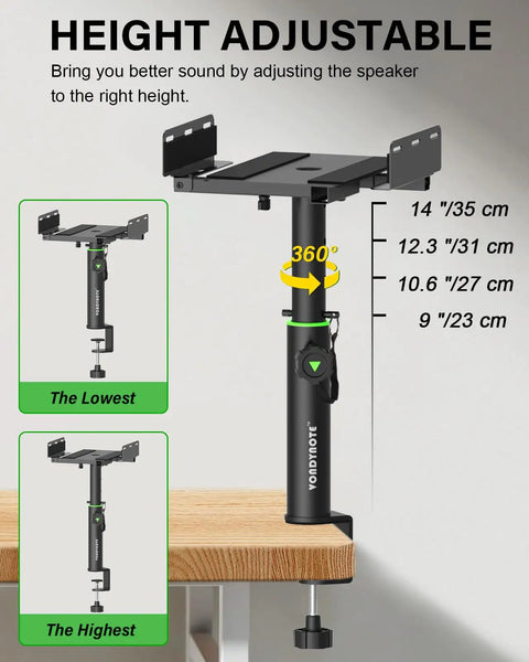 Set Of 2 Dual Side Clamping Studio Monitor Stands For Desktop, showing height range from 9 to 14 inches, on desk
