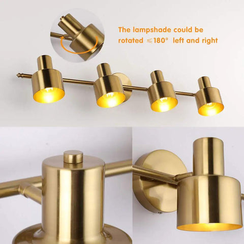 Brushed Brass Vanity Light Fixture With Four Modern Wall Bar Sconces Over Mirror IP44 Waterproof, metal shades detail