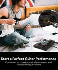 Man playing guitar using Pro Grade Podcast Gear Bundle with audio interface and XLR condenser microphone for enhanced sound
