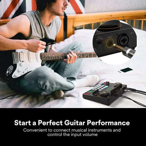 Man playing guitar using Pro Grade Podcast Gear Bundle with audio interface and XLR condenser microphone for enhanced sound