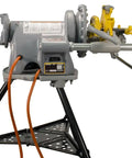 Reconditioned Model 300 Pipe Threader With Foot Pedal Control And Universal Quick Swap Die Heads heavy duty setup with stand.