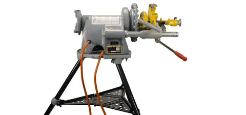 Reconditioned Model 300 Pipe Threader With Foot Pedal Control And Universal Quick Swap Die Heads heavy duty setup with stand.
