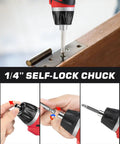 Badass Cordless Electric Screwdriver Drill Set demonstrating 1/4" self-lock chuck while tightening screws in wood.