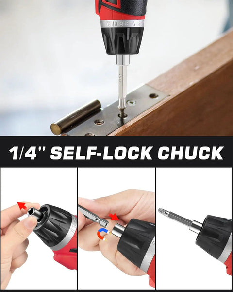 Badass Cordless Electric Screwdriver Drill Set demonstrating 1/4" self-lock chuck while tightening screws in wood.