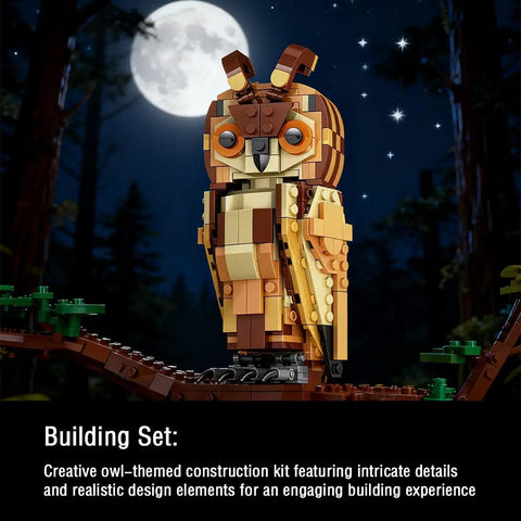 Owl Model Kit Building Set For Adults And Kids Ages 9 And Up, Super Fun Creative Animal Figures Collection, Ideal Valentines Day And Birthday Gift For Boys Girls Couples And Animal Lovers. LEGO-style owl model on branch under moonlight