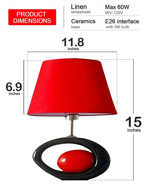 Red Modern Table Lamp With Ceramic Body And Linen Shade, LED Desk Light For Home And Office, Bedside Nightstand Lantern, 14.8 Inch Tall, E26 Base, 60W 110V, product dimensions displayed.