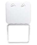 Heavy Duty ABS Marine Deck Hatch Built Tough For Weekend Warriors And Captain Crews Featuring Bullet Proof Rubber Weather Seal And Lockdown Recessed Handles Delivers In Pristine White, displayed open with two handles.