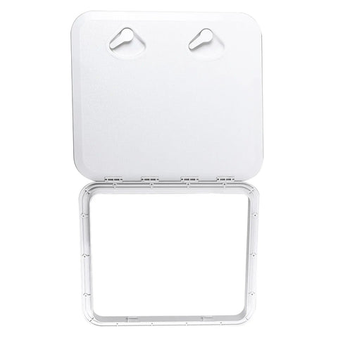 Heavy Duty ABS Marine Deck Hatch Built Tough For Weekend Warriors And Captain Crews Featuring Bullet Proof Rubber Weather Seal And Lockdown Recessed Handles Delivers In Pristine White, displayed open with two handles.