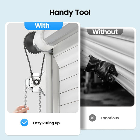 FXEIPOL garage door jackshaft chain hoist; metal gear and chain on left, gloved hand on roller on right