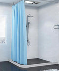 Collapsible 75 Inch Shower Water Dam Barrier keeps water in the shower, visible in a modern bathroom with blue shower curtain.
