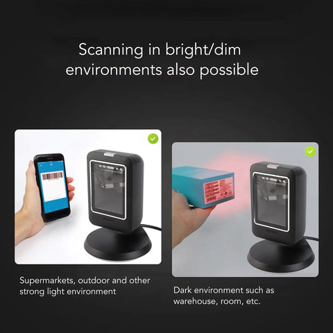 Omnidirectional 2D Barcode Scanner USB Wired Desktop Reader scanning phone and box in bright and dim environments